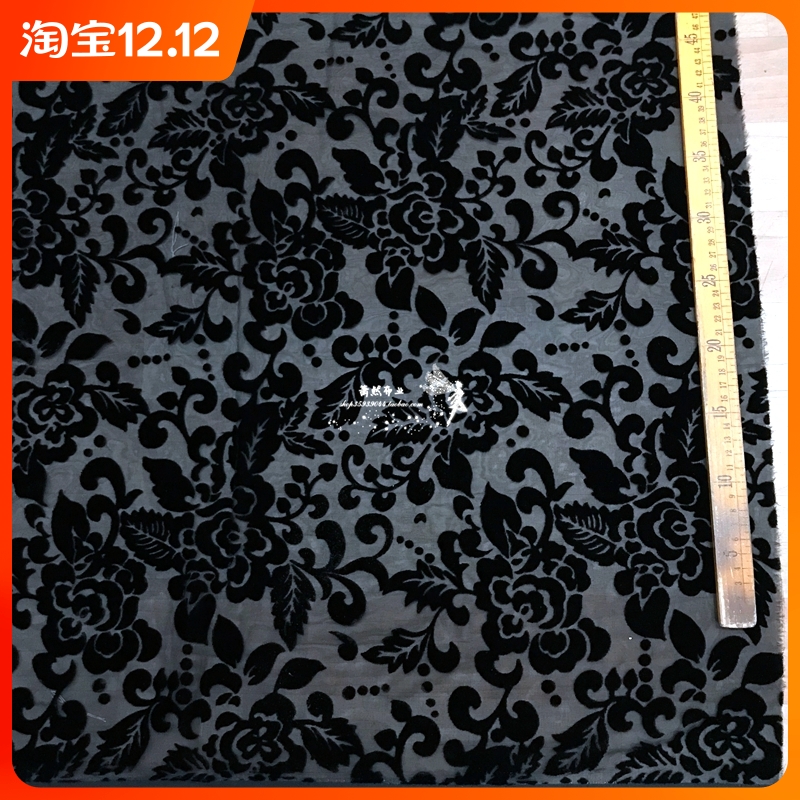 包邮无弹黑底桑蚕丝底布半透明玫瑰花纯色真丝绒布料面料服装旗袍