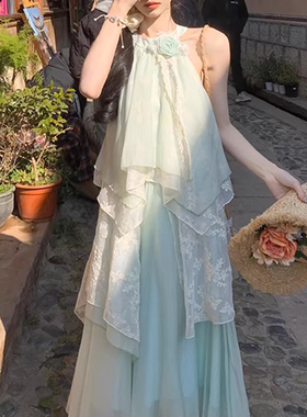 薄荷绿无袖挂脖连衣裙仙女夏不规则蕾丝绣花长裙高级感天丝雪纺裙