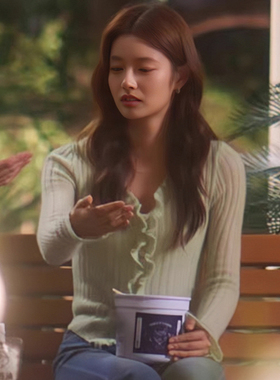 爱你徐若晗稀饭同款绿色木耳边针织衫沈惜凡V领修身上衣短款开衫