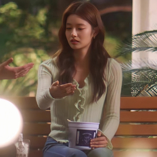 爱你徐若晗稀饭同款绿色木耳边针织衫沈惜凡V领修身上衣短款开衫