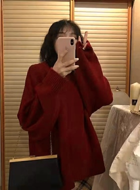 新年红加厚毛衣女秋冬慵懒风宽松红色上衣温柔日系内搭外穿针织衫