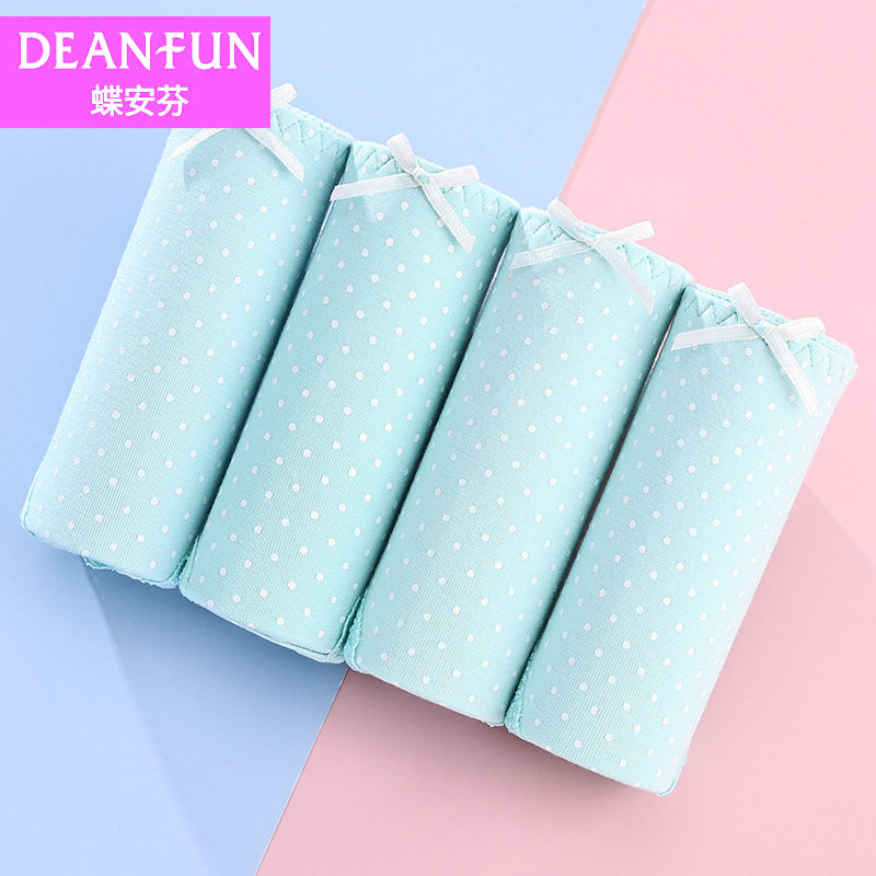 女士内裤莫代尔中低腰清新绿色圆点印花透气蝶安芬蕾丝性感三角裤