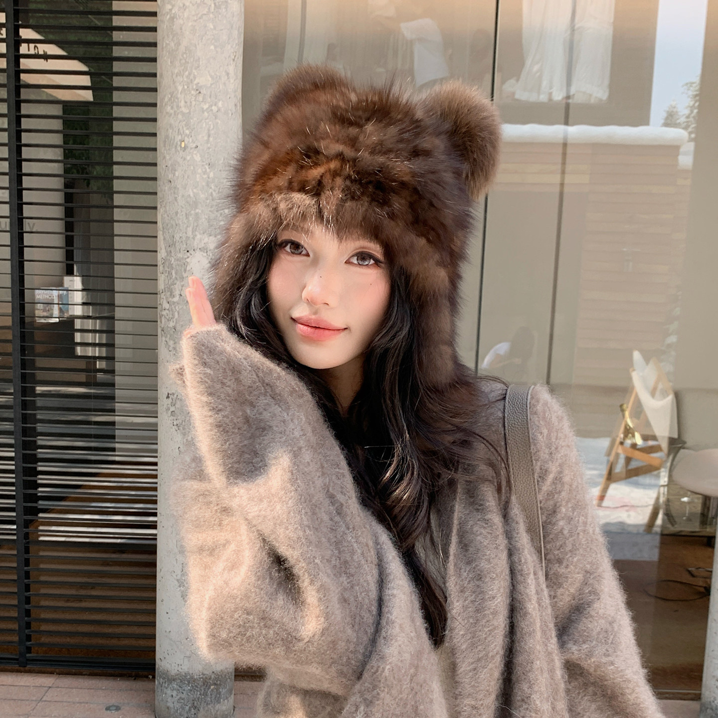 气质紫貂毛编织大护耳帽女士冬季保暖皮草雷锋帽可爱真毛狐狸毛球