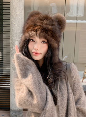 气质紫貂毛编织大护耳帽女士冬季保暖皮草雷锋帽可爱真毛狐狸毛球