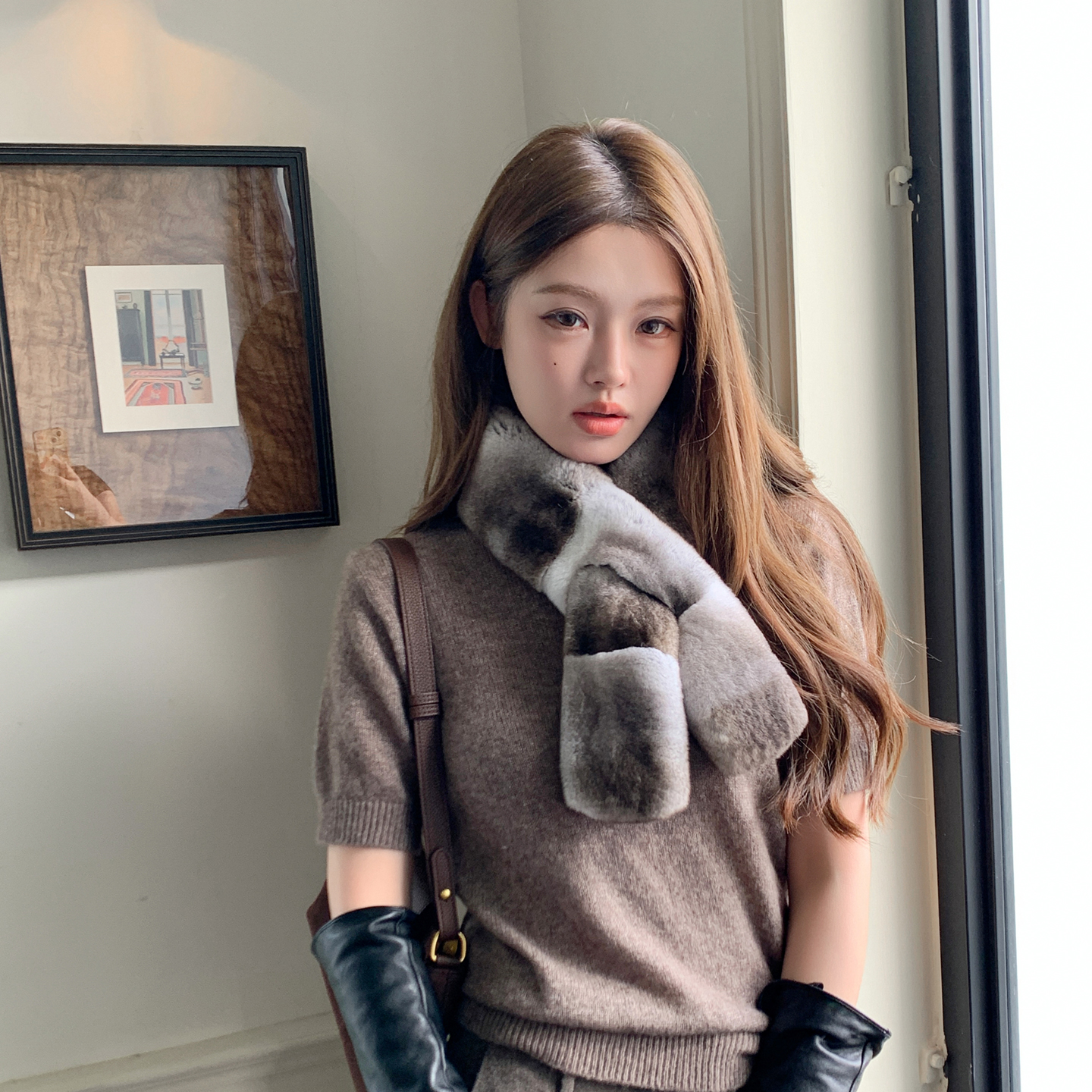 叠搭堪比龙猫法产天然色獭兔毛皮草交叉式围脖/围巾柔软细腻保暖