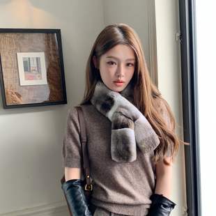 叠搭堪比龙猫法产天然色獭兔毛皮草交叉式围脖/围巾柔软细腻保暖