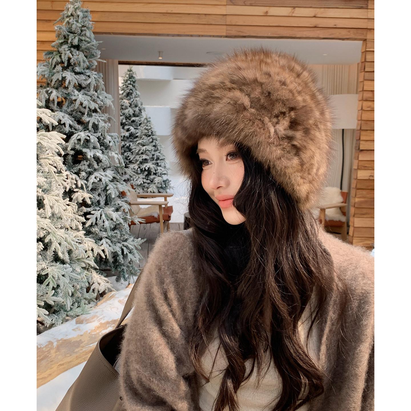 低调奢华显脸小紫貂毛包头帽女冬季皮草貂皮护耳帽子球球百搭保暖