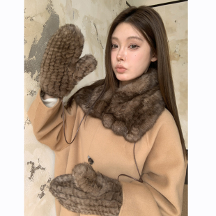 秋冬新品兔毛全指手套凹造型真毛毛皮草保暖加厚骑行女士连指手套