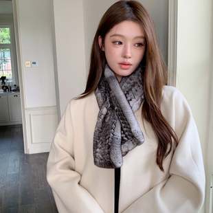 法培青紫蓝兔 手工编织高级百搭柔软蓬松柔软獭兔毛围巾皮草围脖