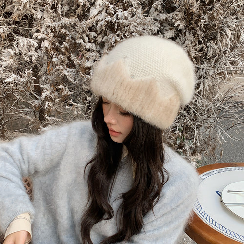 显脸小时尚造型感水貂毛帽紫实用型马海毛混纺针织冷帽皮草包头帽