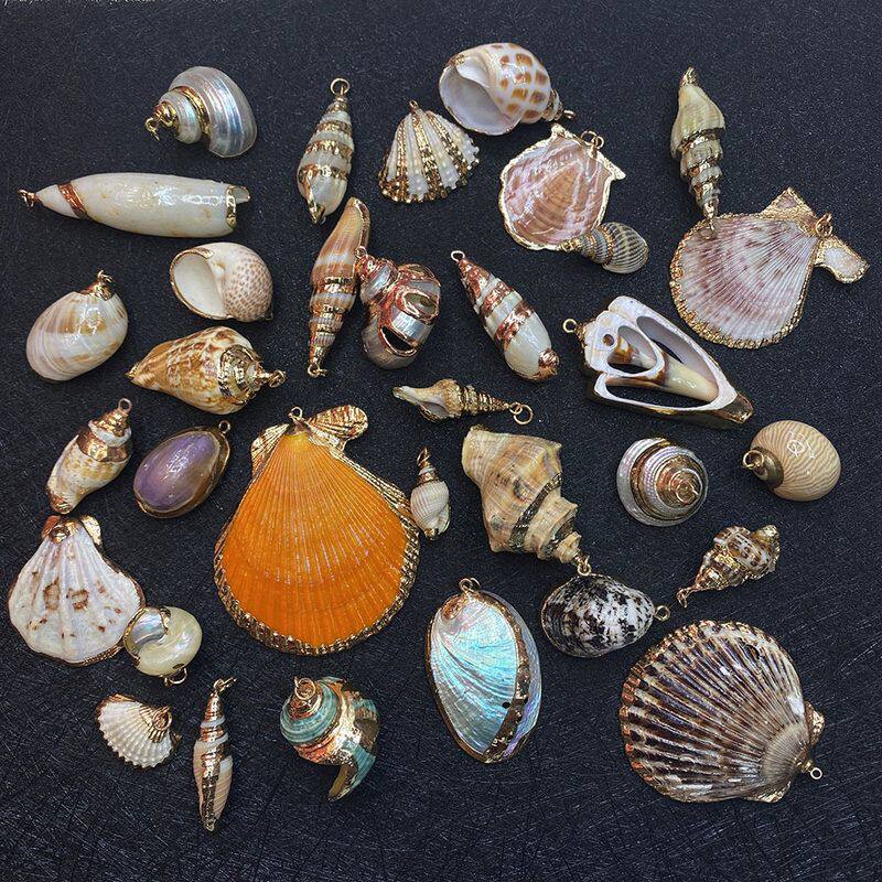 天然贝壳海3D螺扇贝坠子水族箱装饰单孔电镀吊坠 DIY项链饰品精品