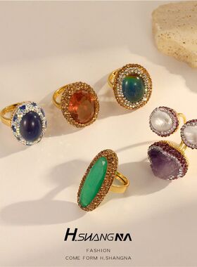 复古宫廷风中古绿色石头开口戒欧美轻奢设计夸张高级感感温戒指女