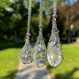 【海星款】不锈钢O字链天然水晶原石金属编织项链网兜吊坠可调节