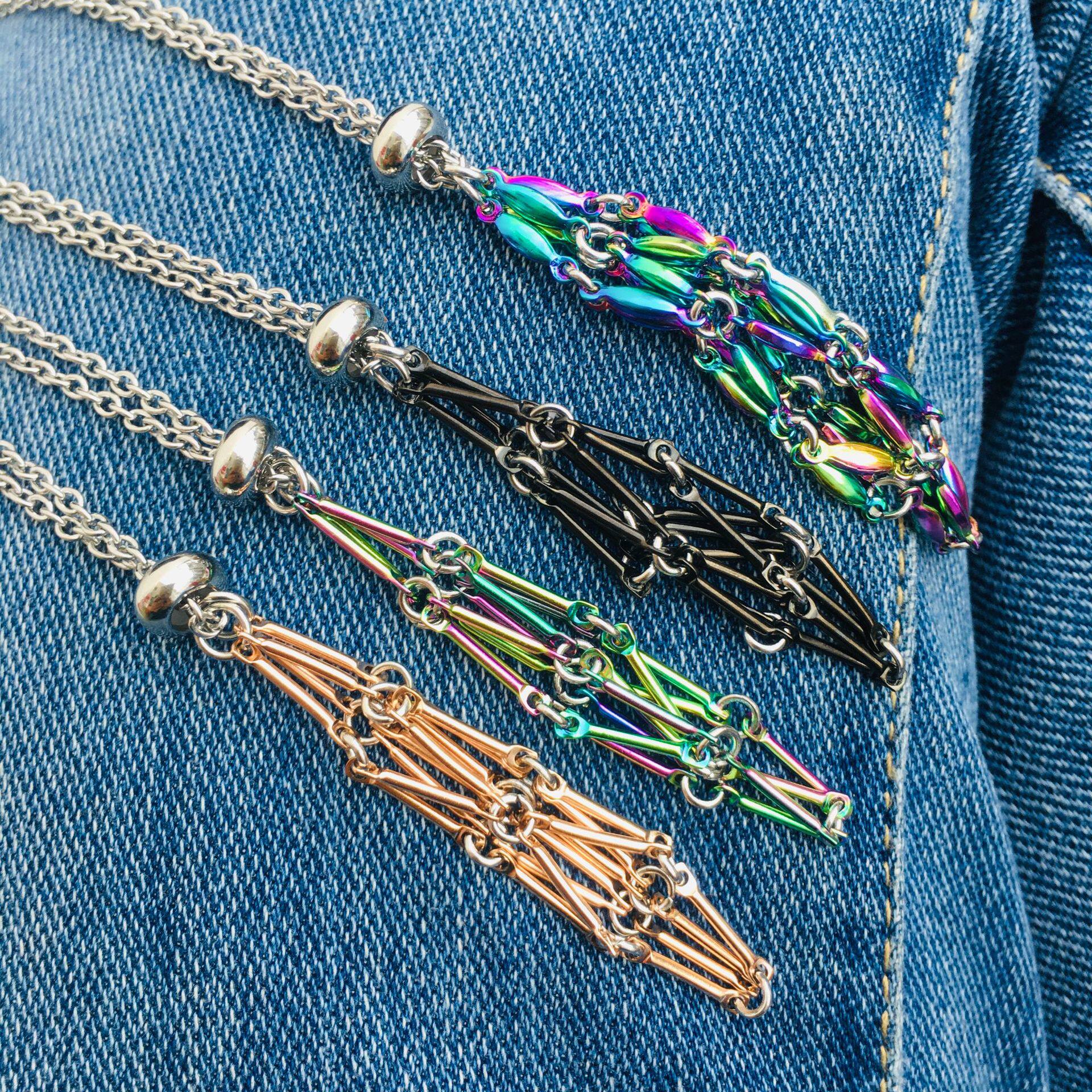 拼色设计不锈钢金属水晶原石 网兜项链可更换调节吊坠绳吊坠