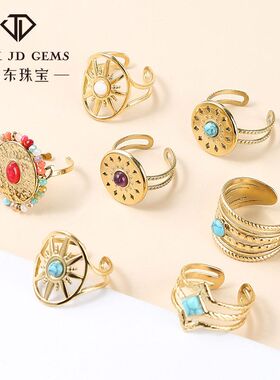 晶东珠宝不锈钢镀金开口戒指水晶