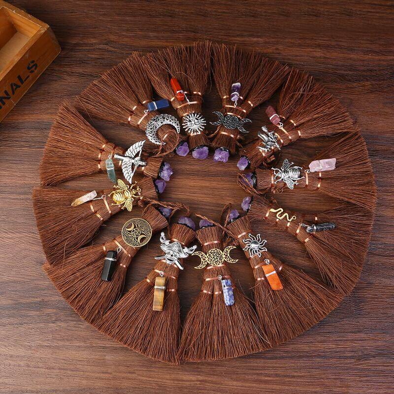 棕榈迷你扫把车载挂件Wicca女巫迷你扫帚天然水晶花挂件跨境热卖