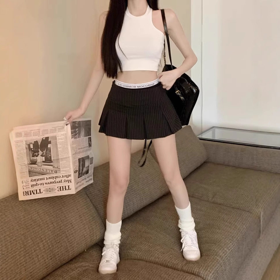 辣妹黑色假两件拼接半身裙高腰a字条纹包臀短款半裙短裙百褶裙子