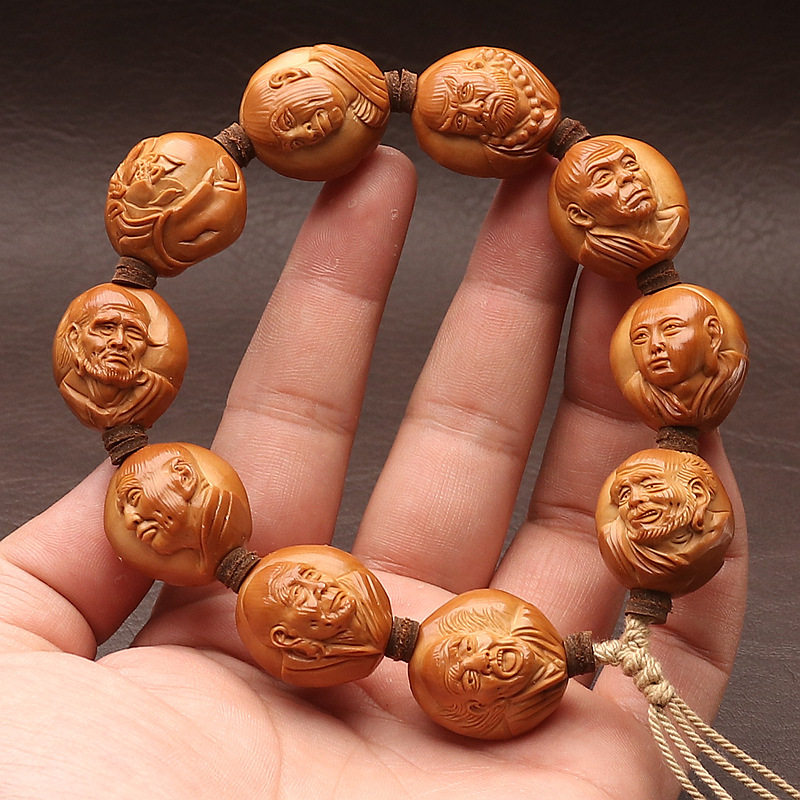 橄榄核手工雕刻双面浮雕罗汉大核四花三丰十八罗汉文玩手把件收藏