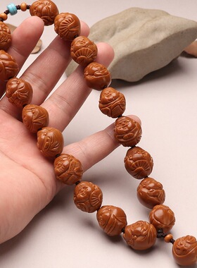 1.7铁核橄榄核小籽雕刻短圆长串十八路财神手串文玩可爱手持手工