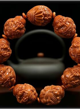 大籽佛珠橄榄核手串八大财神爷核雕文玩橄榄胡男士工盘玩手链