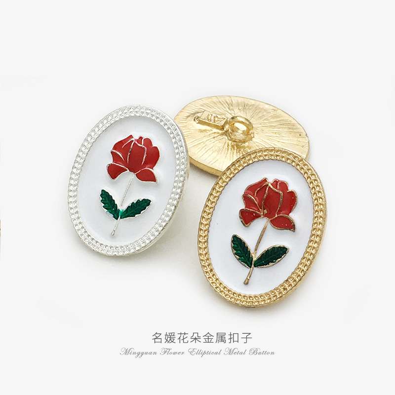 椭圆形花朵钮扣红色玫瑰花金属图片