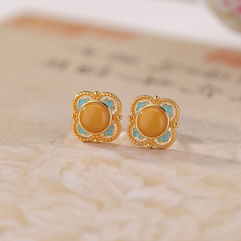 轻奢高级感蜜蜡S925纯银镀金四方如意珐琅彩齿纹镂空敦煌风耳钉女,饰品/流行首饰/时尚饰品新,耳钉,淘宝优惠券,粉丝福利购,淘宝优惠卷