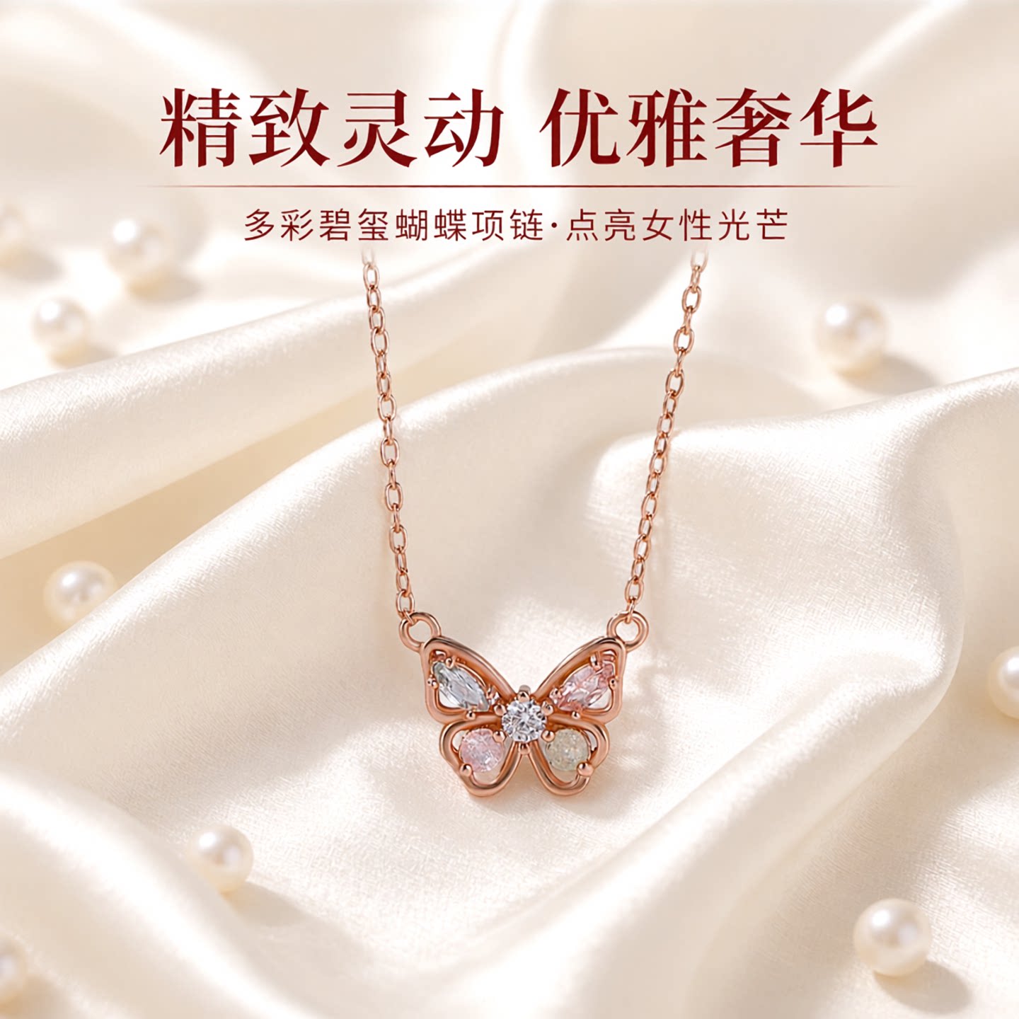 轻奢高端彩色碧玺S925纯银镀玫瑰金蝴蝶圆珠马眼形镶嵌项链套链女