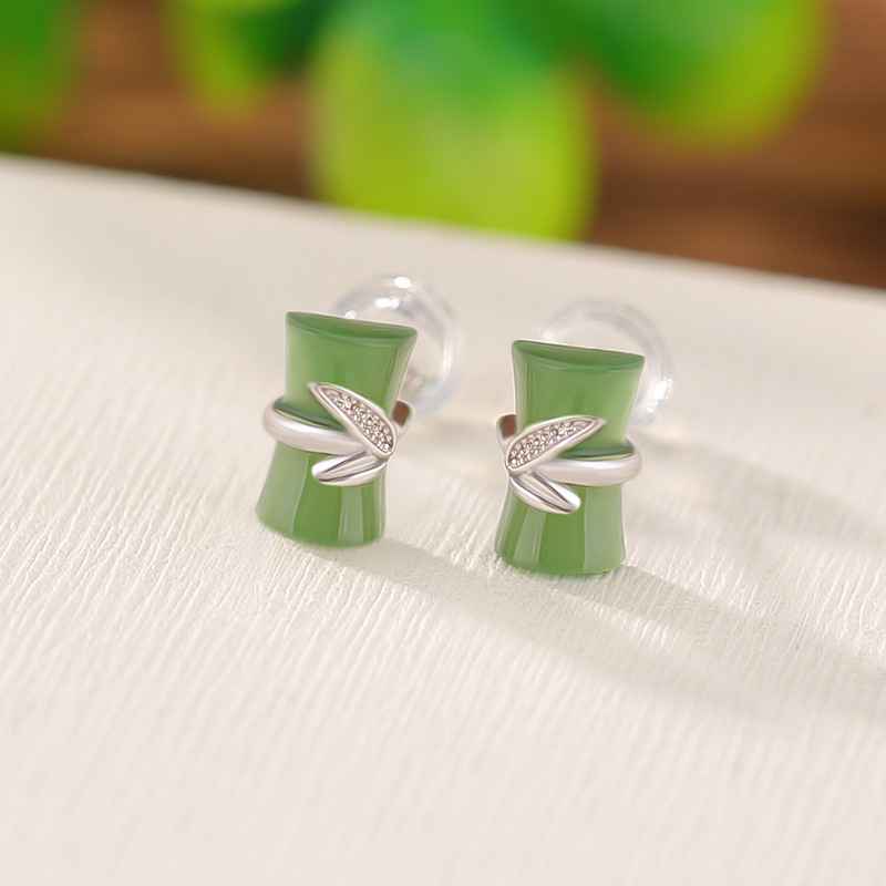 轻奢高级感s925纯银镀金和田碧玉国风小众设计竹节竹叶耳钉女气质