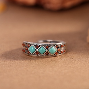 轻奢高级感S925银镶嵌天然绿松石戒指尼泊尔民族风复古大气指环女