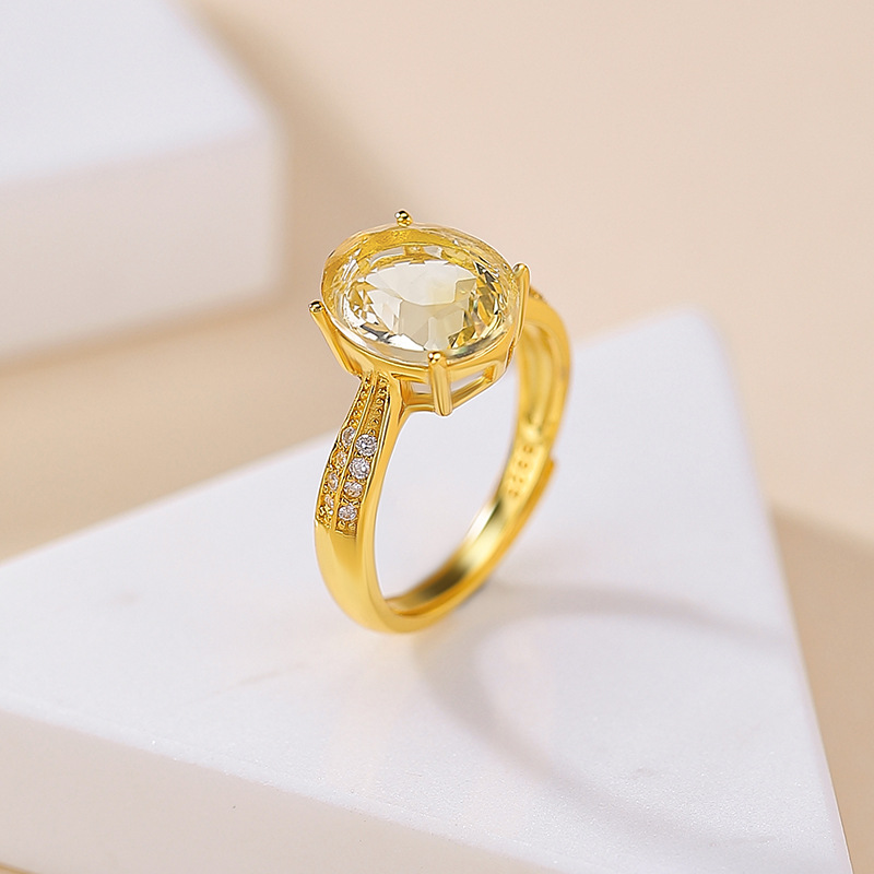 2025新款天然水晶手饰s925纯银镀金黄水晶蛋面切面中古风银戒指女