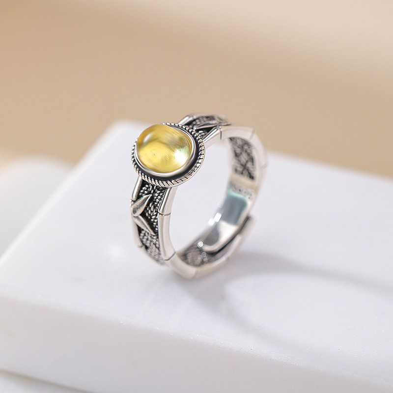 2025新款爆款天然水晶戒指女s925纯银黄水晶竹叶编织蛋面旺财指环