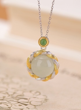 壹鹿银S925纯银镀金天然和田玉晴水玉碧玉扭纹圆形几何百搭银吊坠