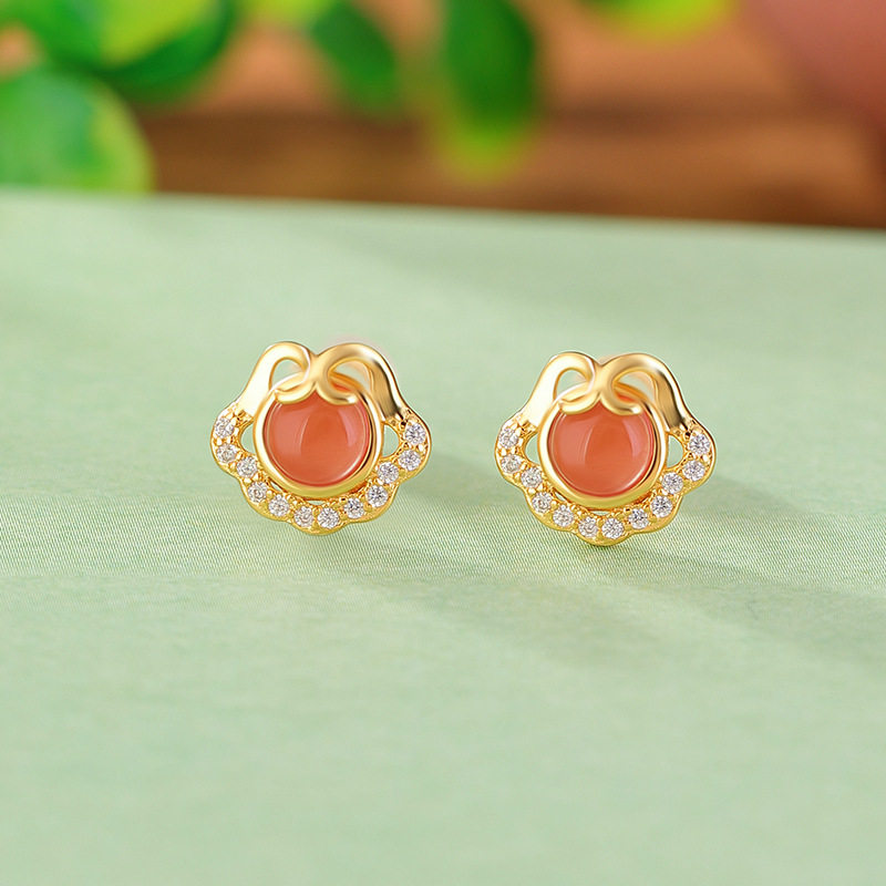 轻奢高级感s925纯银天然翡翠南红蜜蜡和田碧玉时尚如意耳钉百搭女