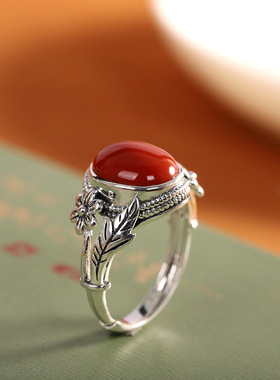 s925银镶南红玛瑙开口女戒