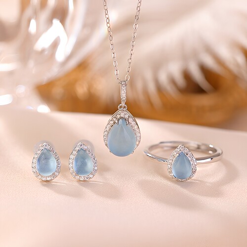 S925镀金海蓝宝银吊坠套装女款