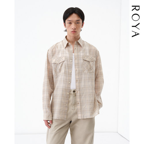 ROYA | 桑蚕丝棉混纺防晒轻薄透气H型剪裁长袖无感格纹衬衫夏款男