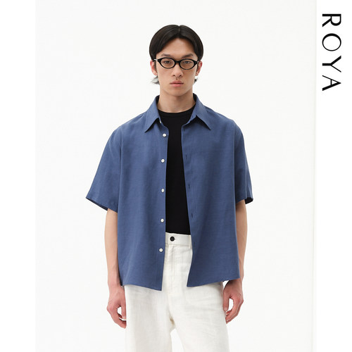 ROYA | 云雾蓝天丝亚麻短袖衬衫花纱肌理宽松廓形轻薄挺阔夏款男