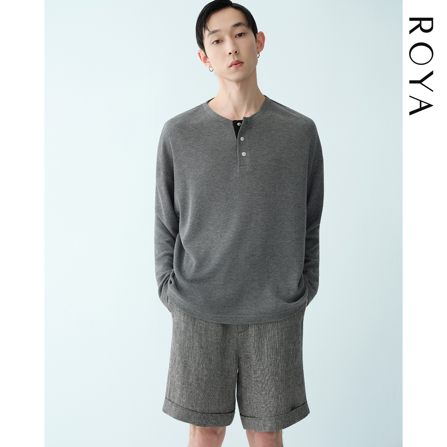 ROYA丨奥地利进口天丝澳洲羊毛混纺华夫格亨利领长袖