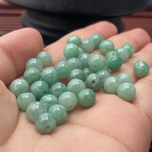 天然翡翠散珠a货源头瑕疵珠浅绿玉珠缅甸玉珠子diy项链手脚链珠