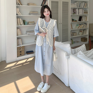 蓝色减龄蕾丝马甲休闲显瘦衬衫裙新款学生ootd连衣裙女夏图片
