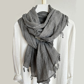 围巾女冬季 棉麻丝巾文艺百搭素色春秋围脖保暖披肩学院风流苏纱巾