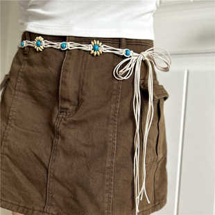 复古裙子腰链配饰女装 饰连衣裙波西米亚腰封 饰编织腰带流苏腰绳装