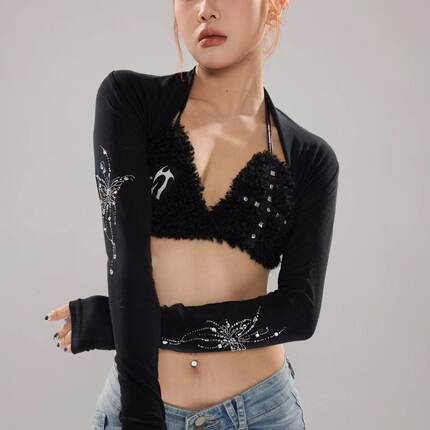 LUVS7原创爵士舞酒吧DS演出服烫钻性感保暖辣妹开衫长袖坎肩上衣