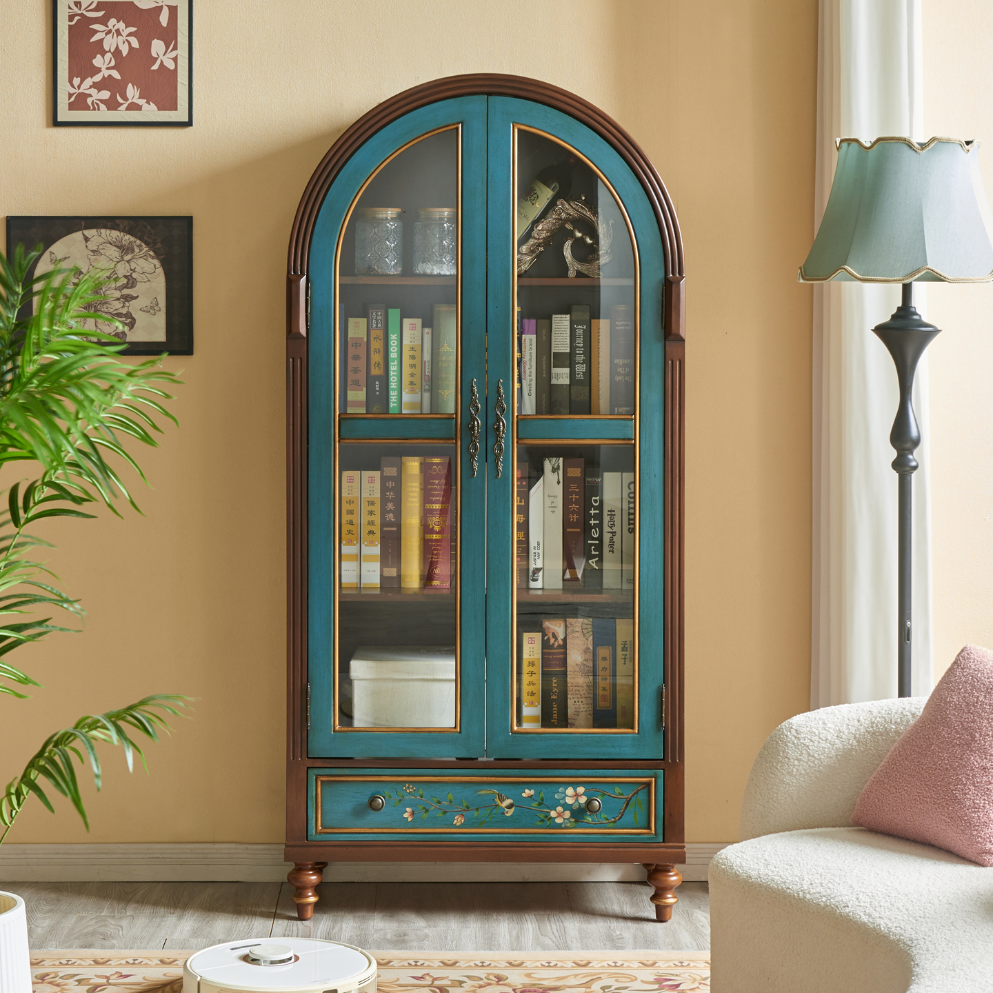 美式书柜实木酒柜玻璃门展示柜书架边柜文件柜子两门彩绘复古家具