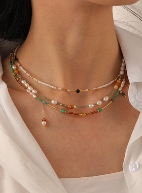 新款小米珠彩色串珠项链女百搭时尚个性淡水珍珠颈链天然石项链