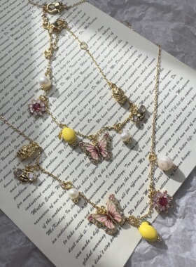 外贸出口欧k系列珐琅彩蝴蝶花朵镶嵌超闪锆石小众精美项链手链