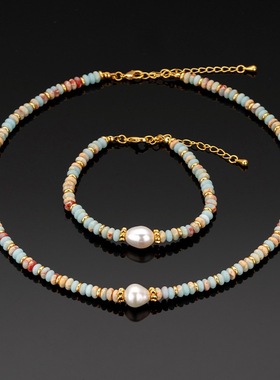 新款欧美文艺复古蓝色花纹石天然珍珠串珠项链黄铜镀金气质手链女