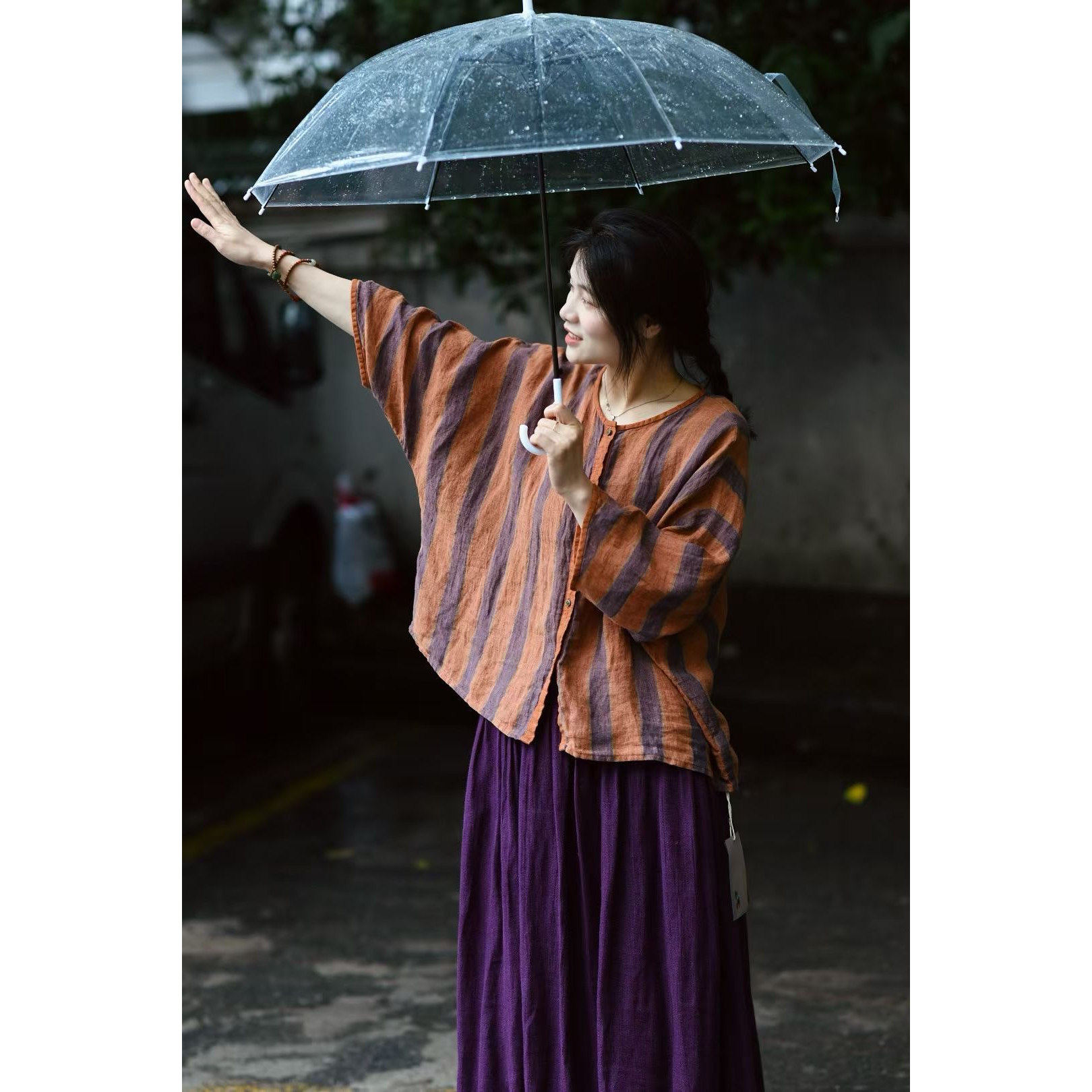 如眸原创设计夏款亚麻色织竖条纹短上衣衬衣ZQ52007-1