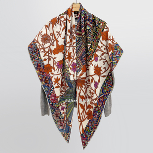 After 老钱双面异色真丝羊毛围巾大方巾丝巾披肩 美洲豹与蜂鸟