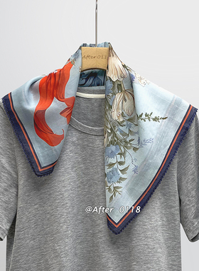 After 渐变花卉乐园 蓝色花束夏日优雅丝棉真丝桑蚕丝丝巾小方巾